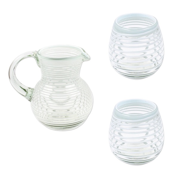 🆕 Handblown Recycled Glass Pitcher & 2 Glasses in White Stripe - Picture 9 of 9
